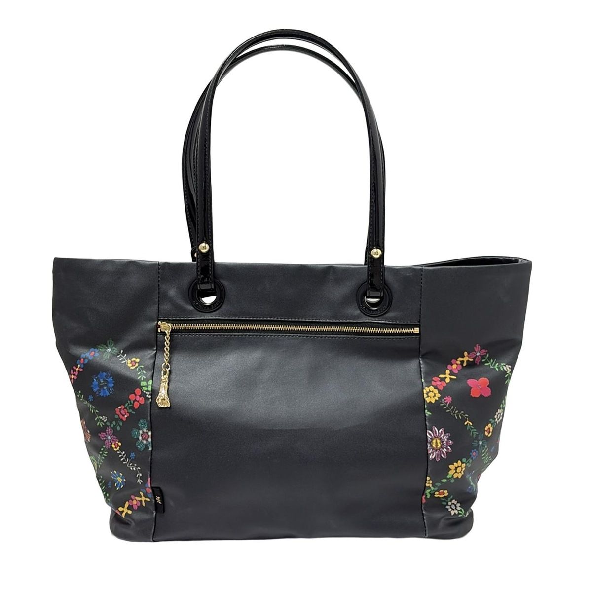 シンクビー ThinkBee トートバッグ パイル×エナメル（レザー） 黒×ピンク Just Heart/ハート/刺繍/スパンコール 新品同様 バッグ ThinkBee(シンクビー) トートバッグ美品 - 黒×白×グレー ハート 化学