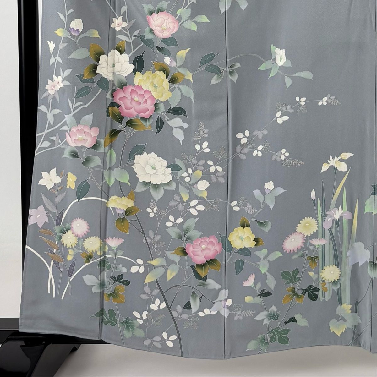 訪問着 名品 椿 金彩 染め分け 青灰色 袷 身丈168cm 裄丈67.5cm L