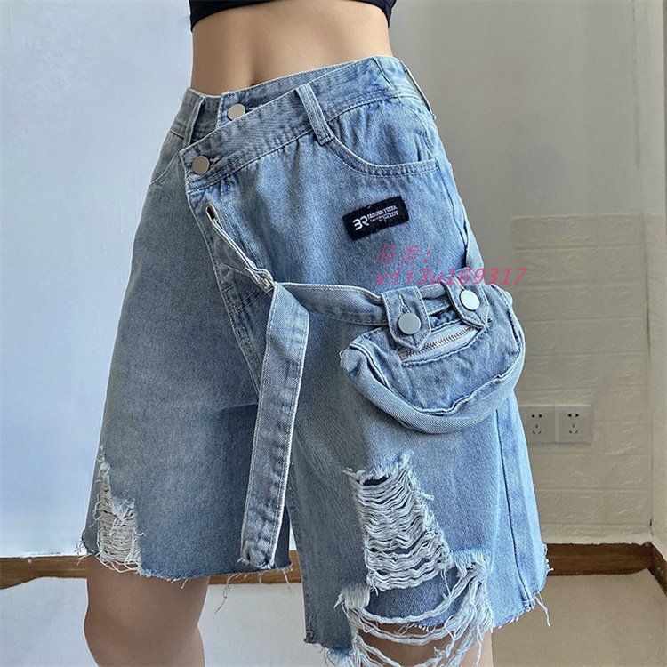 デニム ハーフ パンツ リメイク風 韓国 ストリート Y2K HIPHOP レディース アシメ 衣装 ダメージ 原宿系 切替 ダンス 変形 vii3u169317