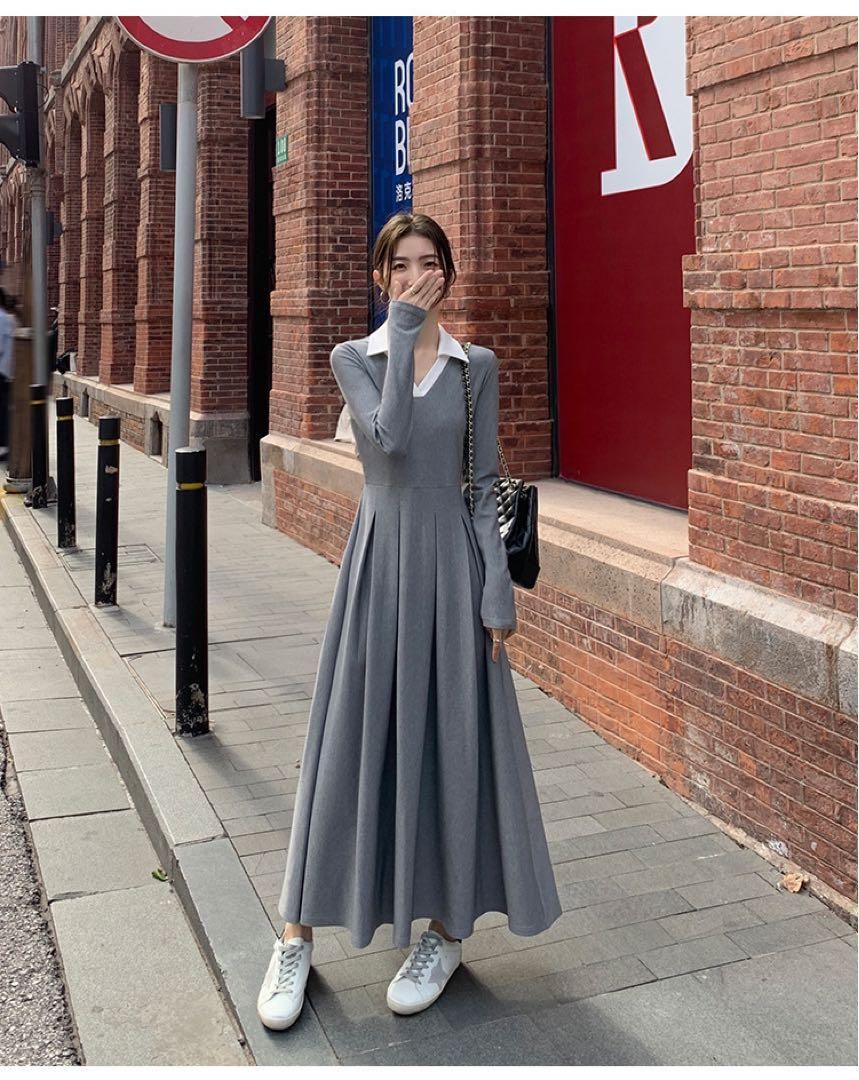 春セクシーコントラストニットドレスロング丈ワンピース NEXPOTALLINN_EU