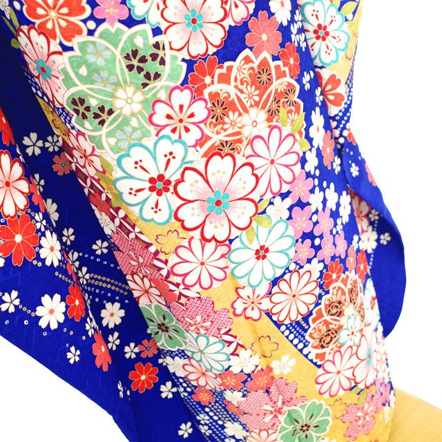 中古】 振袖 着物 リサイクル 正絹 成人式 フォーマル 金彩加工 青  