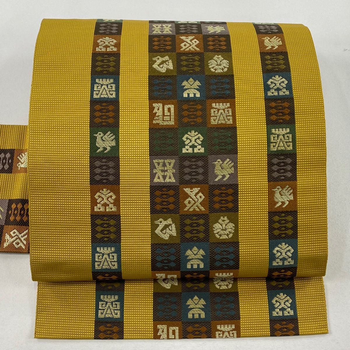 名古屋帯 秀品 八寸名古屋帯 鳥 幾何学 山吹茶色 正絹