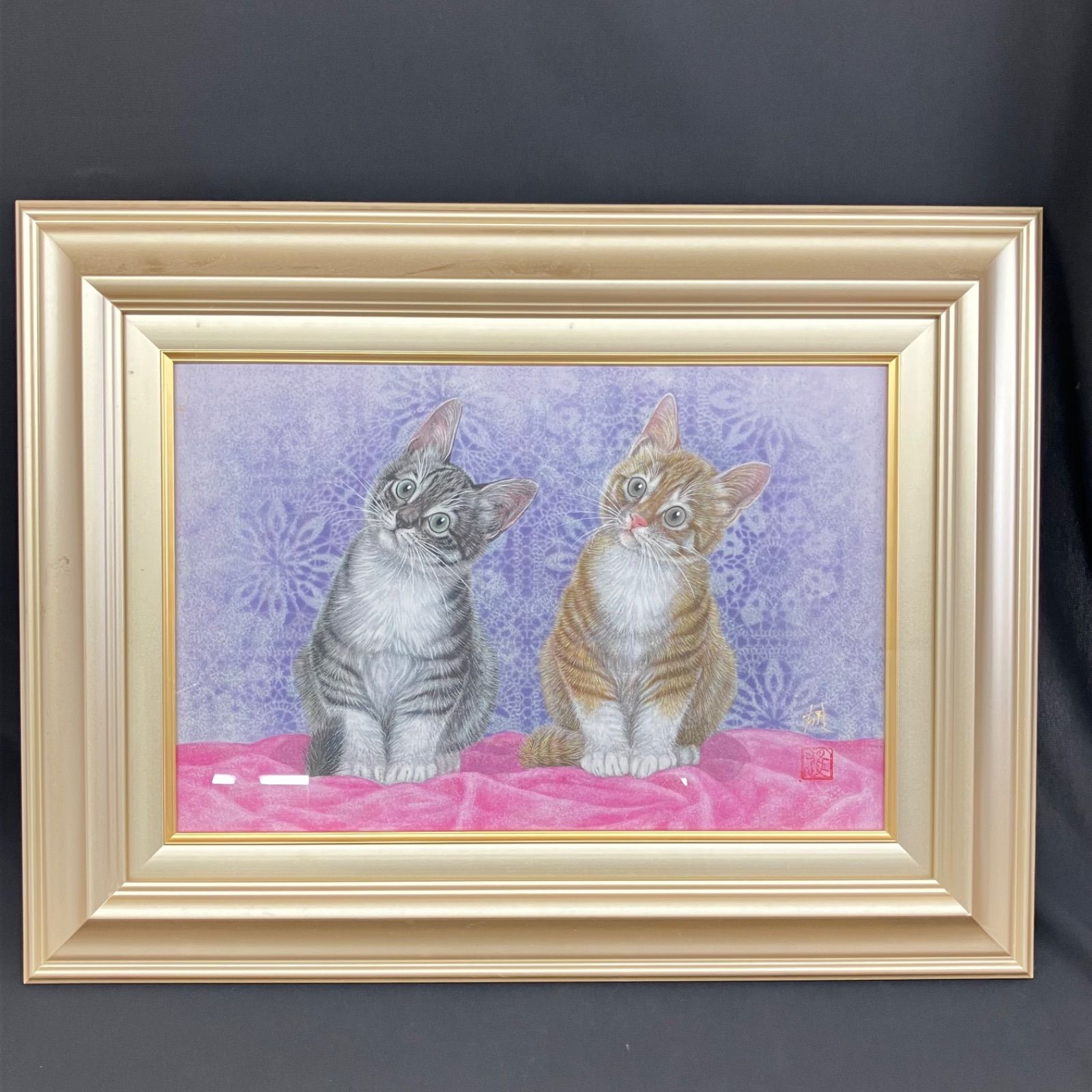 広森 雄「 愛猫 」 ミクストメディアアート P6 ( 6号 ) 額縁付き