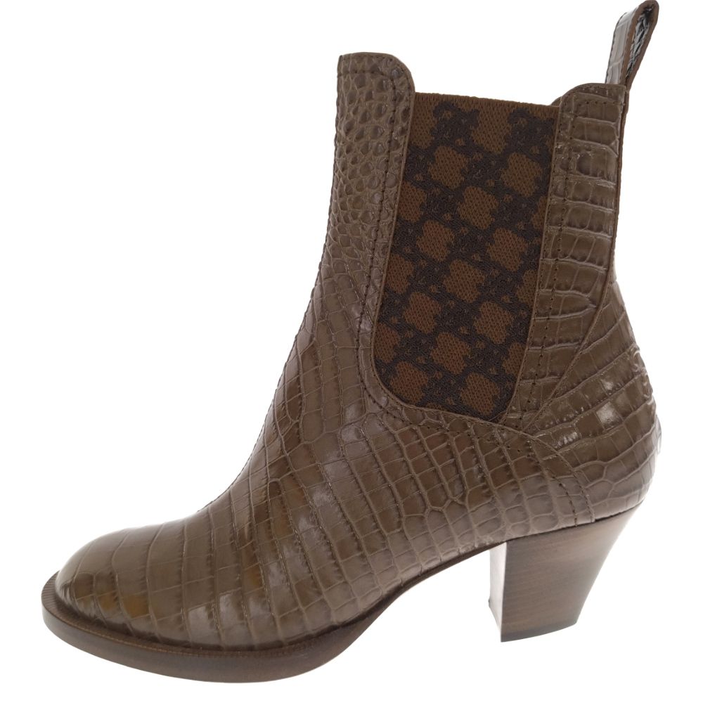 未使用 フェンディ レザー クロコ サイドゴアブーツ ブラウン FENDI (フェンディ) サイドゴア クロコ型押し ヒールブーツ ブラウン