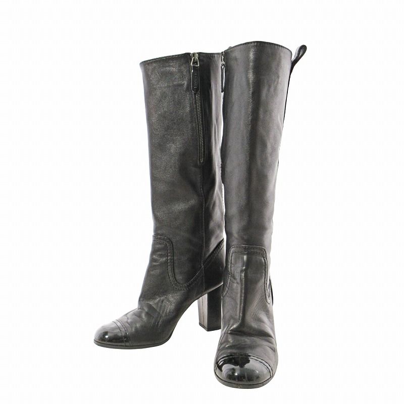 シャネル CHANEL レザー ロングブーツ チャンキーヒール ハーフジップ 35 22cm ブラック 黒 0709 IBO73