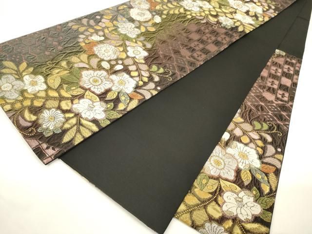 やまと誂製 袋帯 黒地 桜模様 刺繍 正絹 袋帯 黒×シルバー 桜 正絹帯