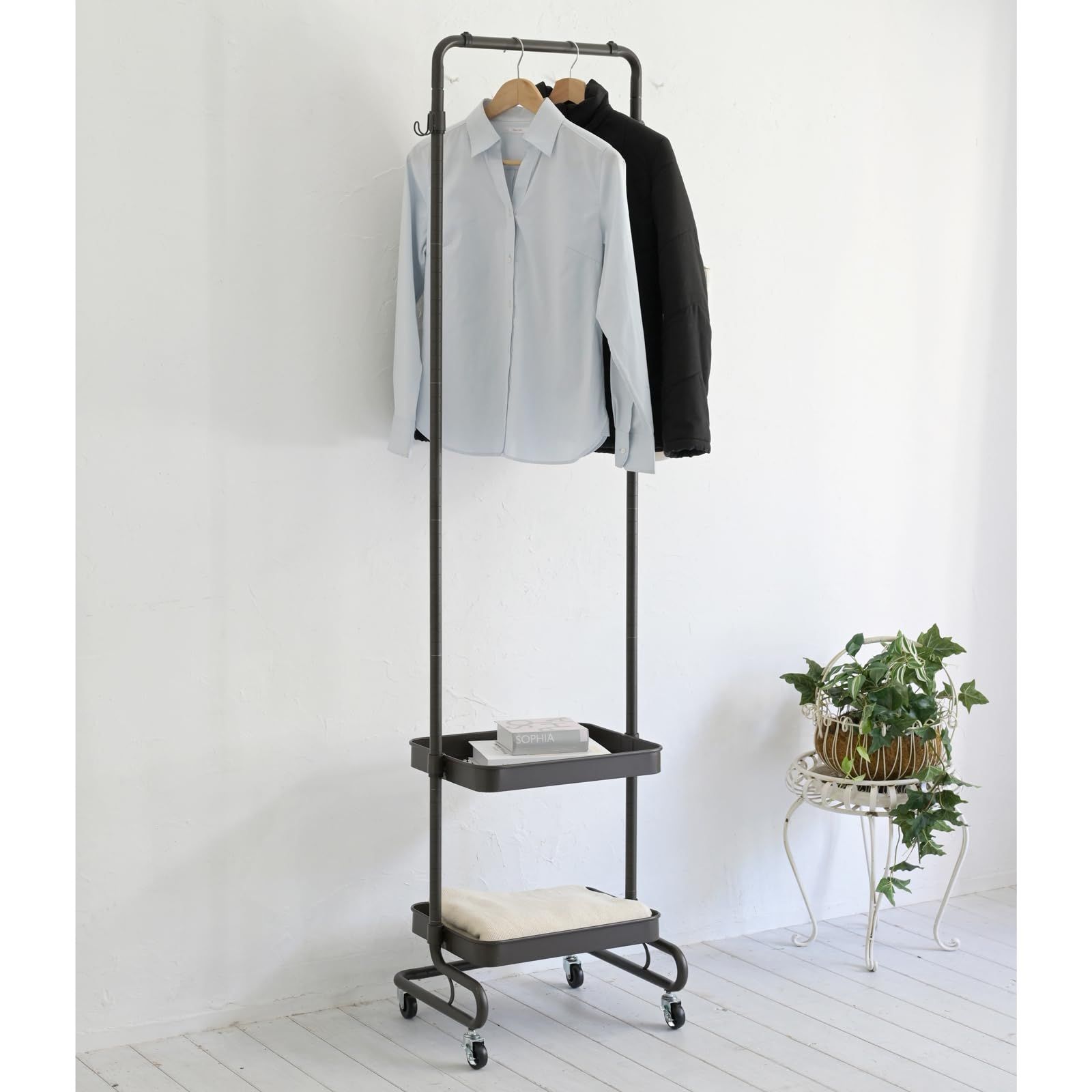 スリム キャスター付き トローリーハンガー 高さ4段階調節 バスケット2つ付き 全体耐荷重27kg 幅51×奥行38.5×高さ113.5 139 164.5 189cm ハンガーラック 衣類収納 ワゴン 組立品 ダークブラウン 山善 YAMAZEN LT