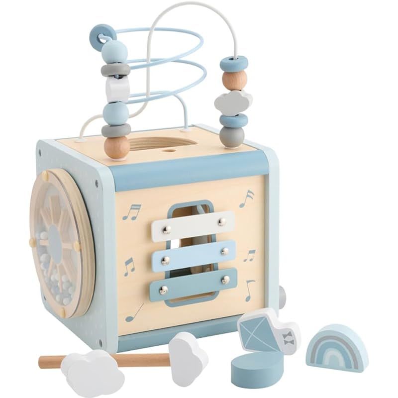 LabelLabel レーベルレーベル アクティビティキューブ 木製 おもちゃ ルーピング 型はめ 赤ちゃん 1歳 2歳 誕生日プレゼント 男の子 女の子 木のおもちゃ 知育玩具 ブルー