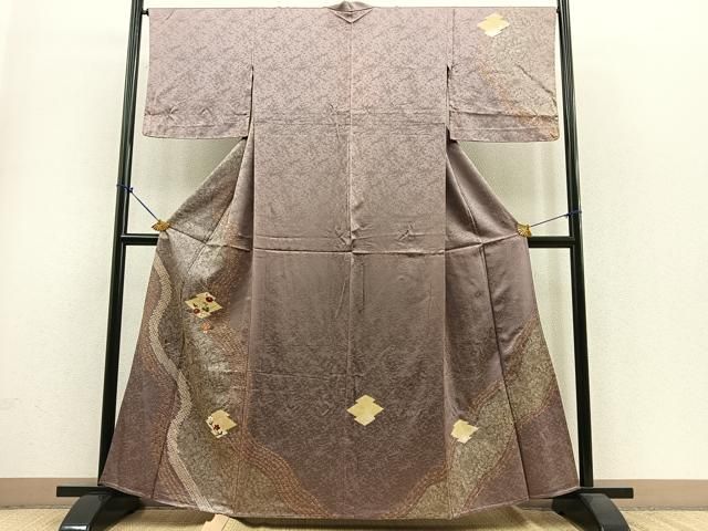 平和屋着物▽訪問着　単衣　絞り　刺繍　松皮菱花文　金糸　金彩　正絹　逸品　BAAS0384yt 平和屋着物□訪問着 駒刺繍 絞り 枝松文 金彩 正絹 逸品 CABG6873xiの