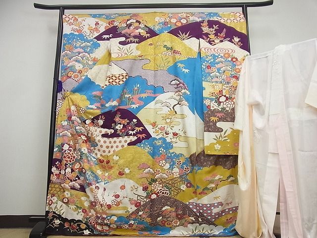 平和屋1□極上 振袖・長襦袢セット 駒刺繍 霞遠山御所車花文 金彩 半衿