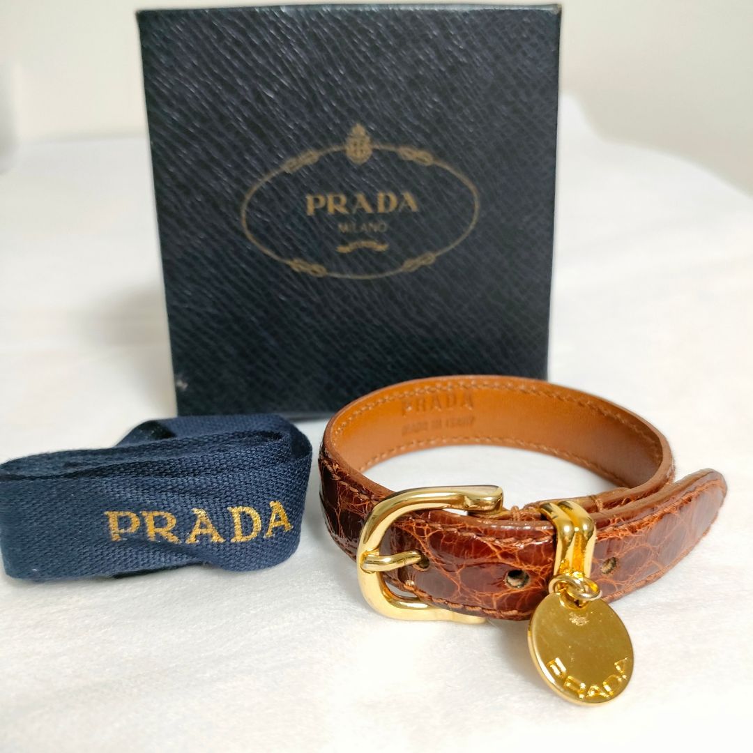 □極美品 プラダ ブレスレット クロコダイル アクセサリー ブラウン ゴールド バングル PRADA 33 - メルカリ