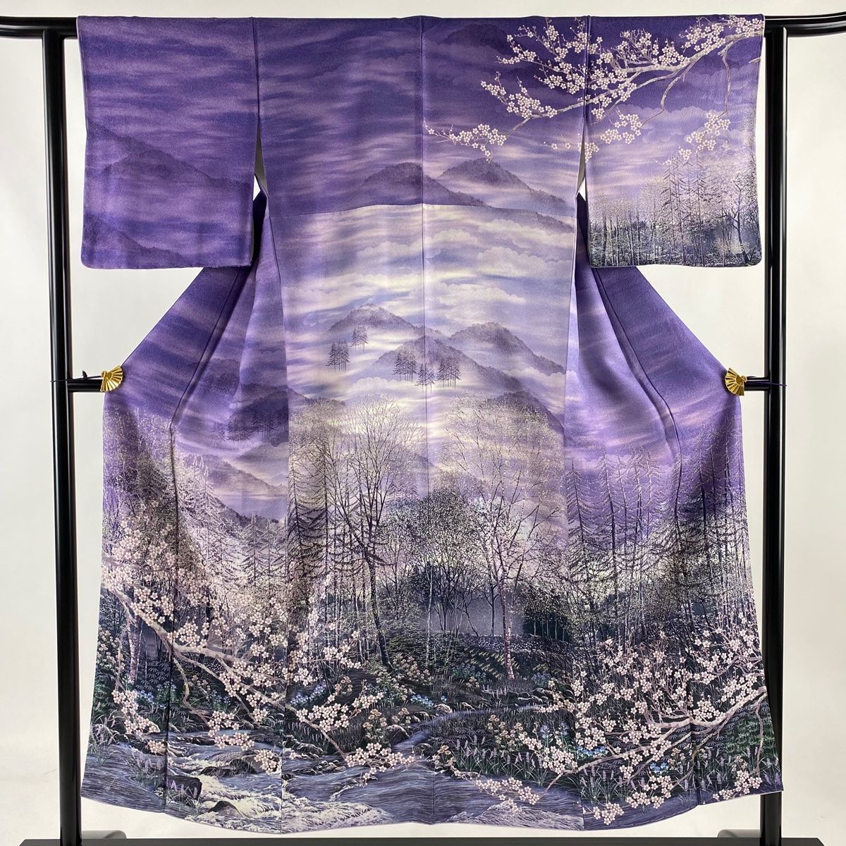 訪問着 身丈151cm 裄丈61cm S 袷 山風景 桜 銀通し ぼかし 紫 正絹 名品