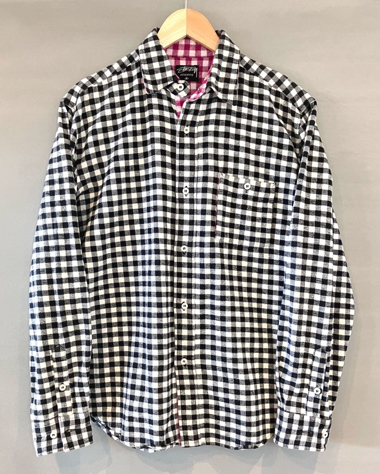 00's STUSSY ステューシー ヘビーネル ネルシャツ ギンガムチェック 白 × 黒 ホワイト ブラック メンズ Mサイズ