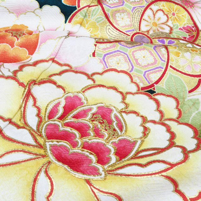 振袖 着物 中古 金駒刺繍 花模様 桜 菊 牡丹 流水 トール A1205