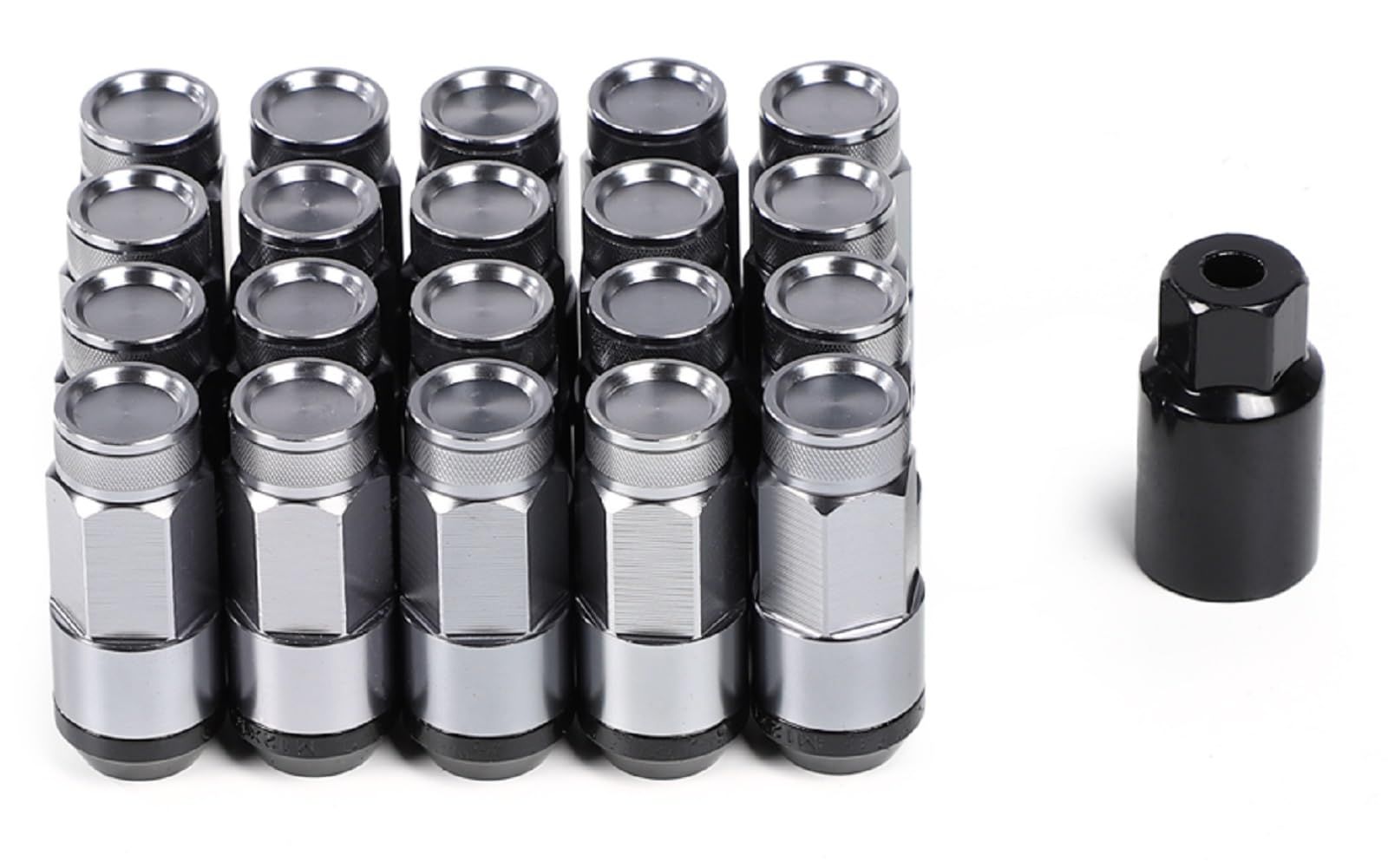 スチール製 ホイールナット スチールナット タイヤナット レーシングナット 上下二分割 アルミ ハイブリット 分割式 ロックナット 貫通ナット ナット 盗難防止 M12 x P1.5 ソケット付き 20本セット グレー グレー