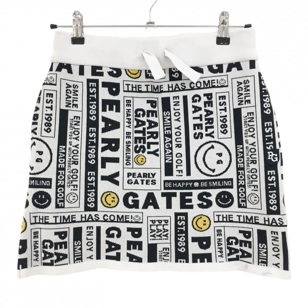 パーリーゲイツ ニットスカート 白×黒×イエロー ロゴ総柄 ニコチャンスマイル レディース 1 M ゴルフウェア PEARLY GATES