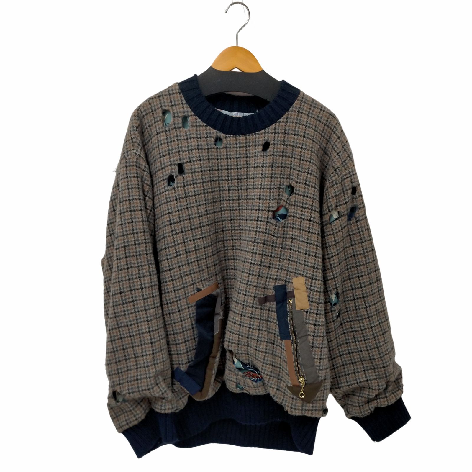 カラー kolor 19AW G/CLUB CREW ハウンドトゥースダメージニット