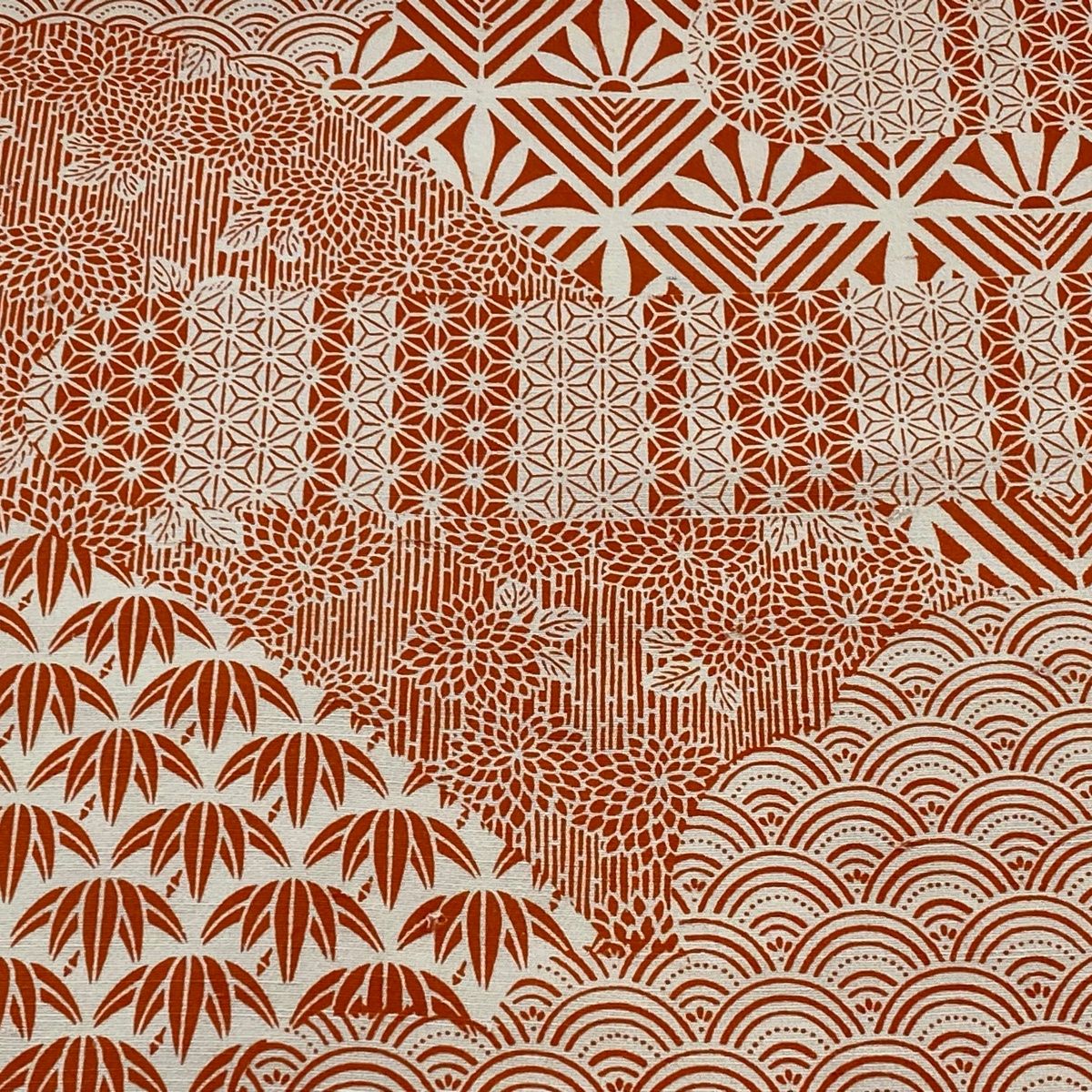 反物 秀品 小紋 紬地 青海波 麻の葉 オレンジ 正絹