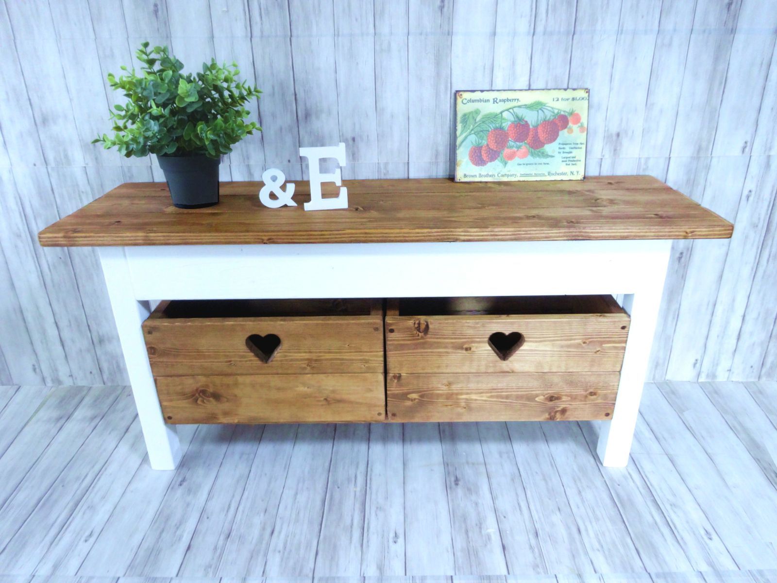 ハンドメイド 2人掛けベンチ ハートボックス チーク×ホワイト