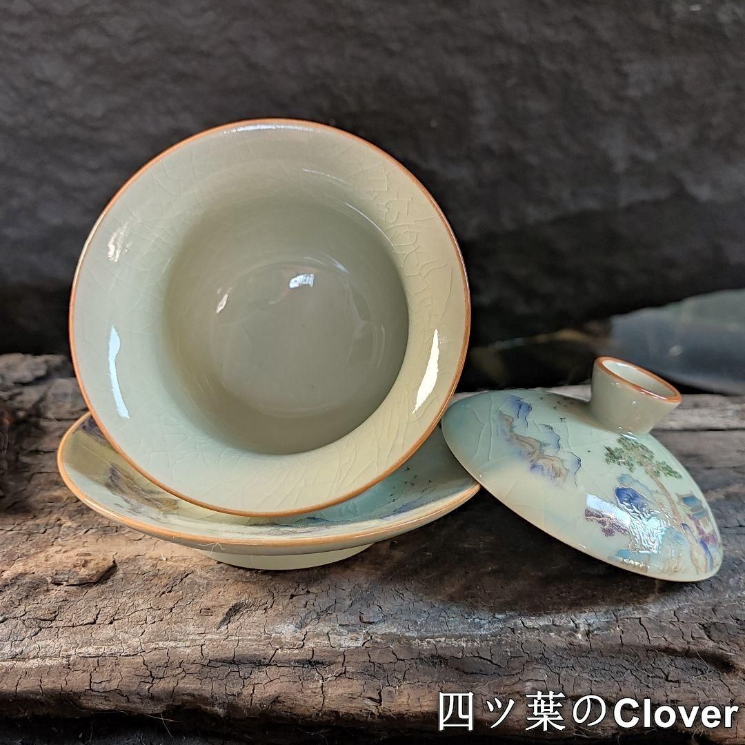 中国茶器 陶泥山水亭台楼閣三才蓋碗 茶碗 煎茶器 新品未使用
