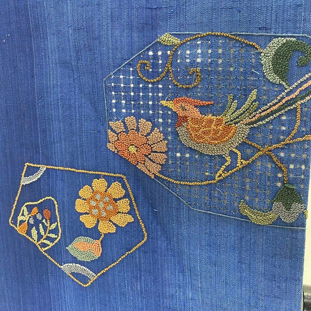 名古屋帯 なごや帯 九寸 相良刺繍 汕頭刺繍 帯 中古 リサイクル 紺色