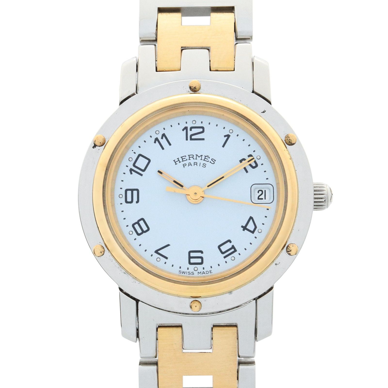 エルメス HERMES 腕時計 クリッパー CL4.220 ホワイト GP ゴールドメッキ ステンレススチール クリッパー レディース Used A