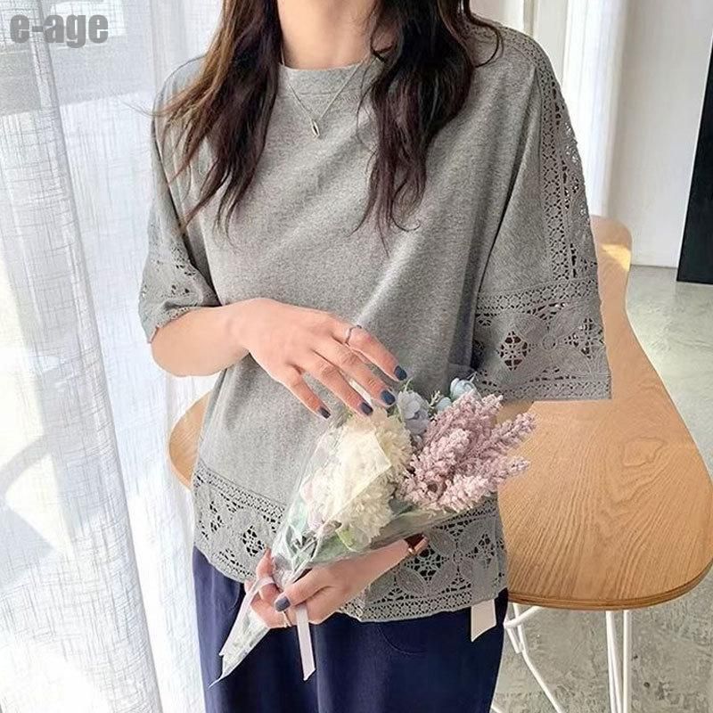 御確認用ブラウス Tシャツ レディース かわいい アメーバ 潮 パッチ 刺繍 花 文字 半袖