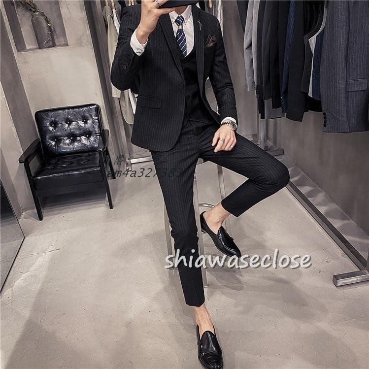 スーツメズおしゃれビジネススーツストライプカジュアルスーツ3ピーススーツフォーマルスーツスーツセットアップ洗える細身紳士服通勤結婚式