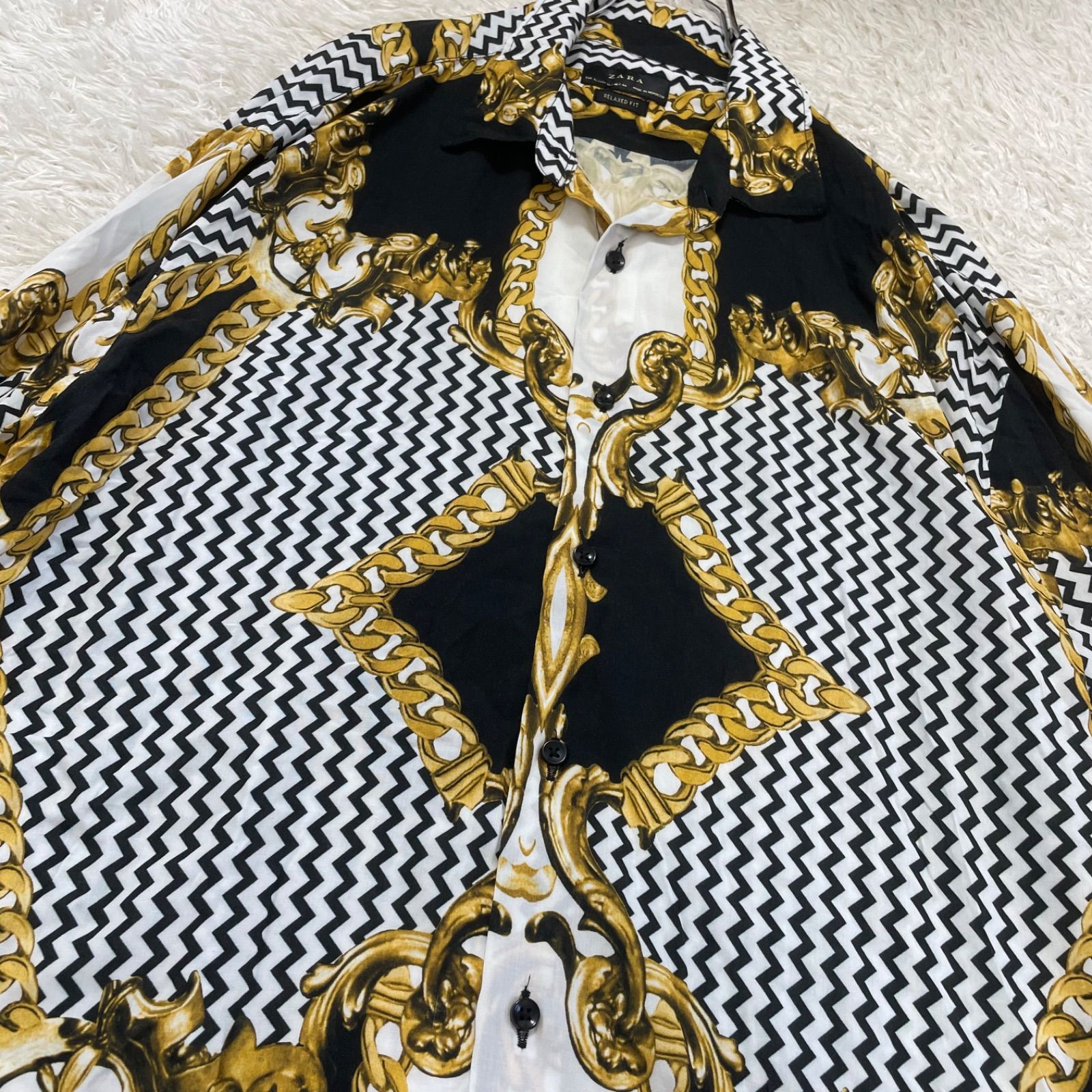 美品】ZARA ザラ 総柄 長袖シャツ バロック調 スカーフ柄 XL
