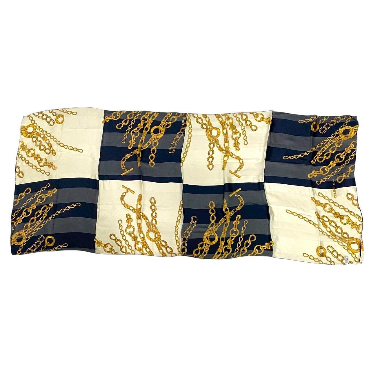 イタリア製　美品　CELINE シルク　スカーフ アイボリー ネイビー CELINE - CELINE シルク100% 大判スカーフ アイボリー、ネイビー
