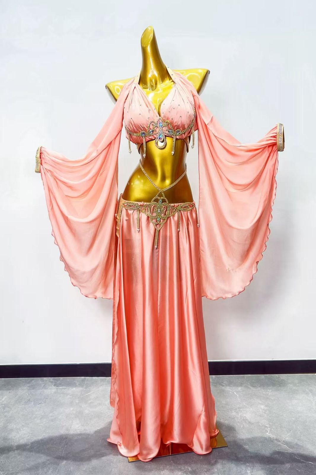 ベリーダンス セットアップ 衣装 サーモンピンク レッスン 華やか オリエンタル衣装 ブラ スカート フリンジ オーダーメイド オーダーメイド ベリーダンス衣装 LLC-HASEGAWATOSO_COM