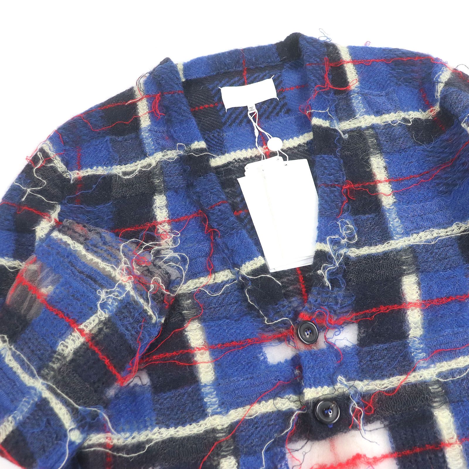 ♥品□Maison Margiela メゾンマルジェラ 23AW S67HP0001 モヘア混 チェック柄 ニットカーディガン ブルー系マルチカラー S イタリア製 正規品 メンズ