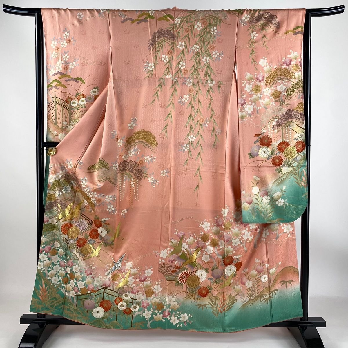 振袖 身丈159cm 裄丈64cm M 袷 鶴 松竹梅 金銀彩 金糸 サーモンピンク 正絹 秀品