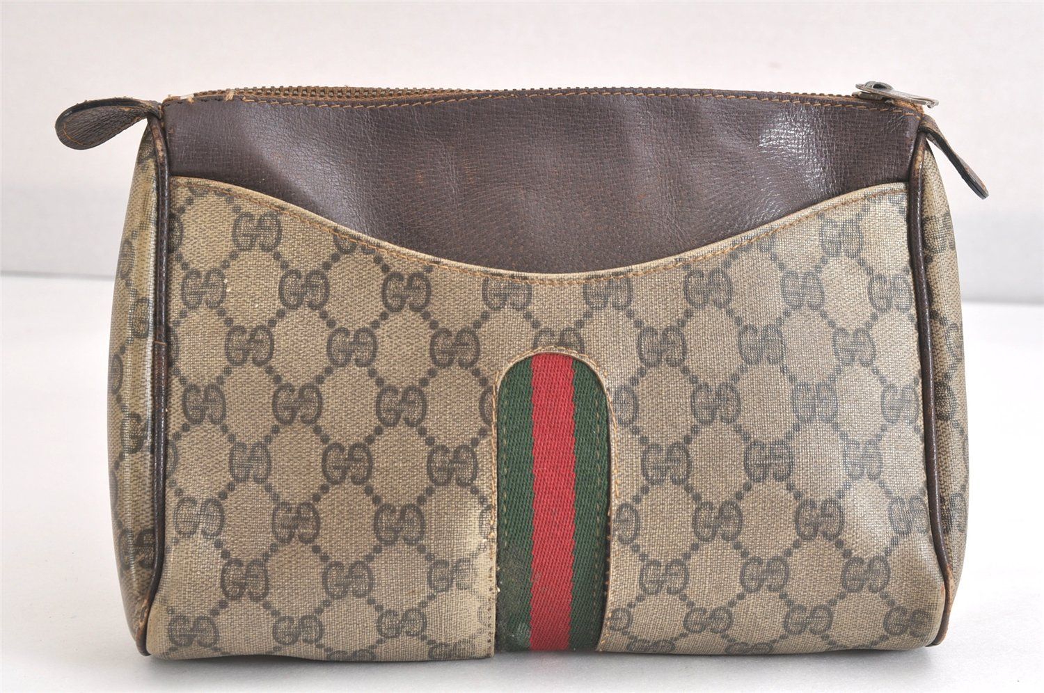 GUCCI グッチ ウェブ シェリーライン クラッチハンドバッグ GGピーブイシー レザー ブラウン ジャンク 2800N DECORATOM_COM_BR