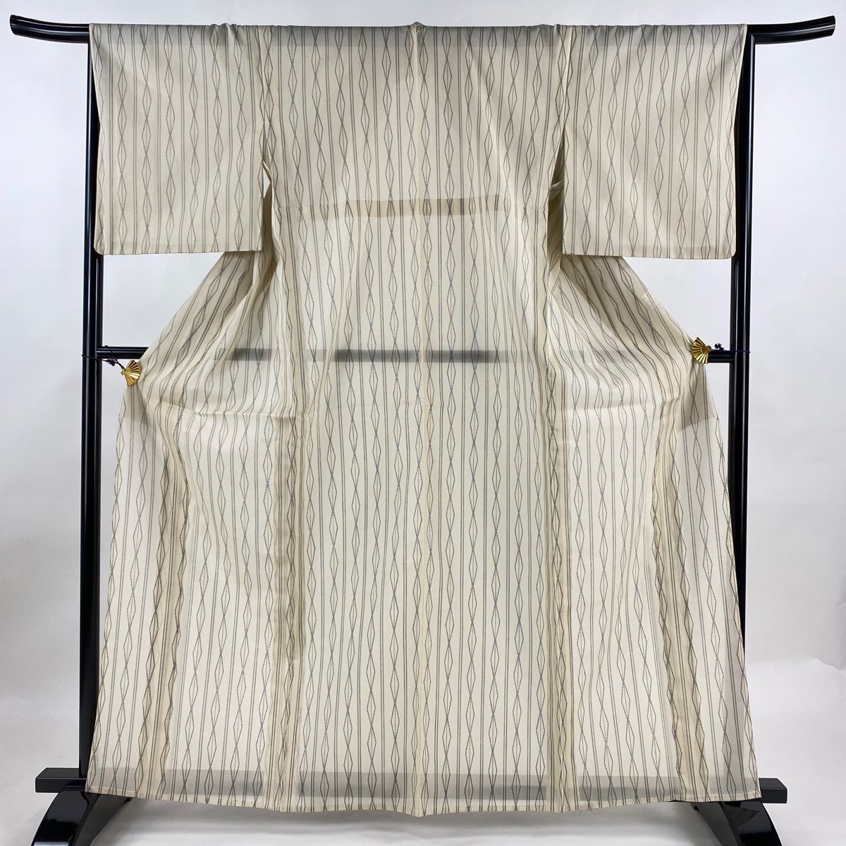 紬 身丈162cm 裄丈67cm M 薄物 幾何学模様 紺色 正絹 美品 名品 中古