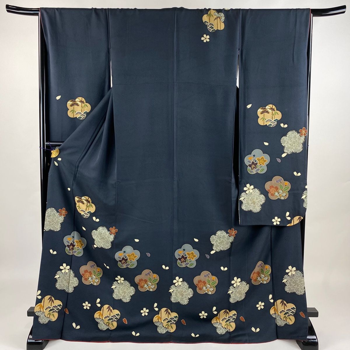 振袖 身丈170cm 裄丈66.5cm M 袷 松竹梅 桜 金彩 青灰色 正絹 名品 【 