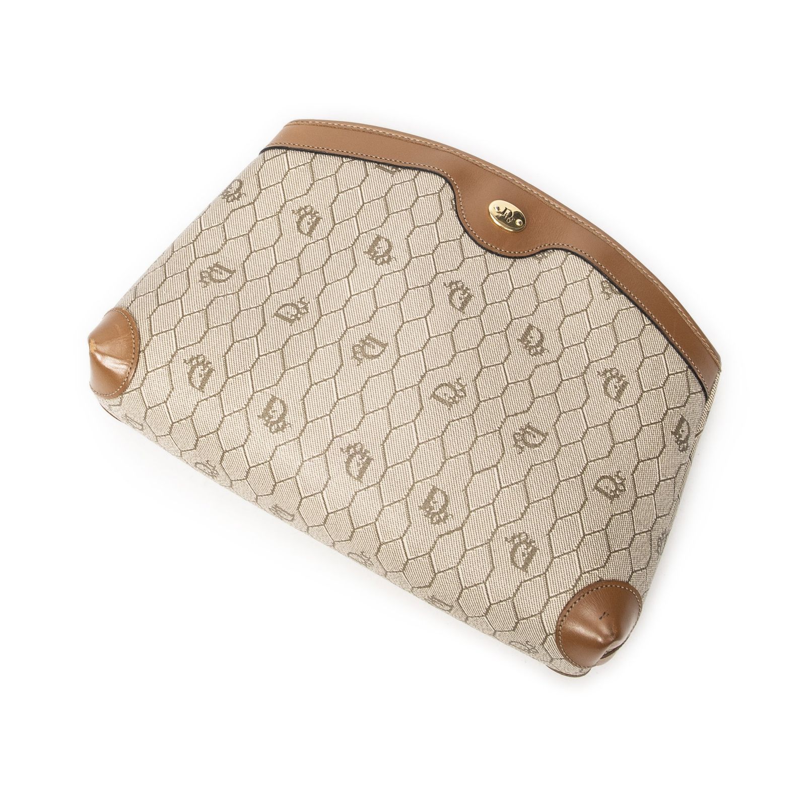 DIOR ディオールヴィンテージジップクラッチバッグベージュ ブラウンハニカムPVCキャンバスA