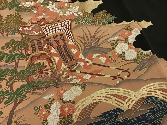 平和屋着物○創業460年・千總 黒留袖 駒刺繍 御所車草花文