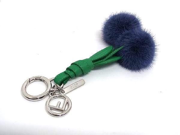FENDI - ■新品■未使用■ FENDI フェンディ ファー×レザー チェリー キーホルダー キーリング チャーム ネイビー系×グリーン系 FA7795 □新品□未使用□ FENDI フェンディ ファー×レザー チェリー