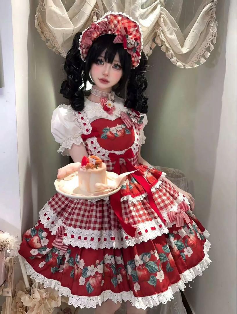 【限定セール！】 ロリータ】りんご柄ギンガムJSK 水色×赤リボン 甘ロリ撮影 コスプレ衣装