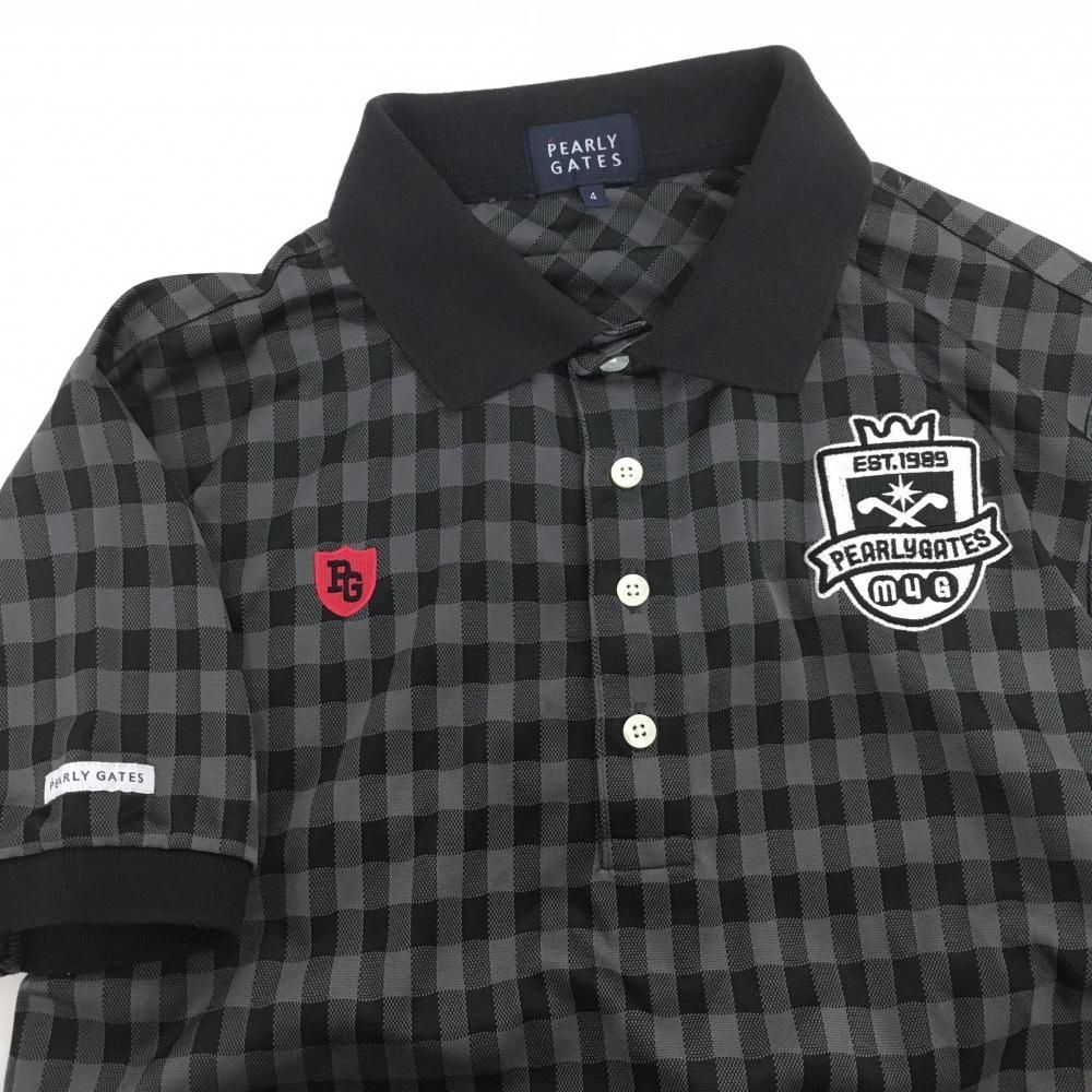 美品】パーリーゲイツ 半袖ポロシャツ 黒×グレー チェック