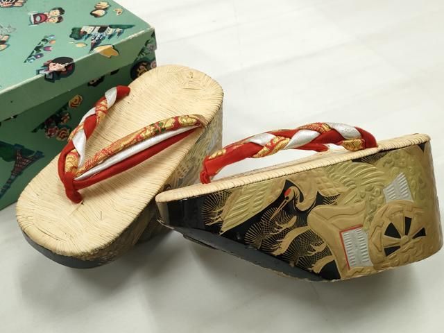 平和屋本店 和装小物 ぽっくり下駄 こっぽり おこぼ下駄 畳表 金蒔絵 御所車飛鶴文 DZAA10865kh5