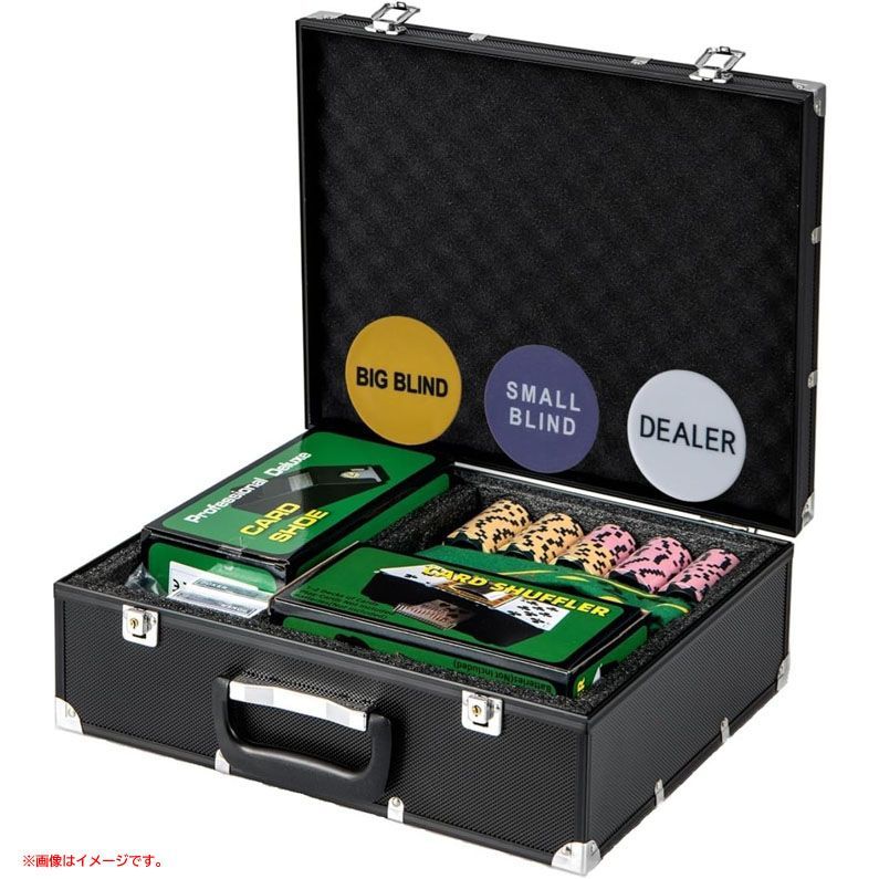 D8583◆♥ ポーカーセット 14gチップ300枚 数字貼紙 ブラックアルミケース カードシュー カードシャッフラー マット カジノ ゲーム おもちゃ 玩具 GOPLUS GP10099BK