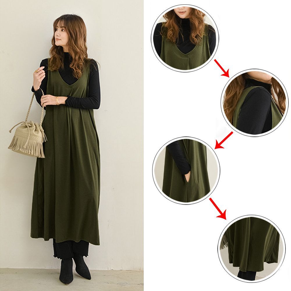 ロング ジャンパースカート vネック レディース ノースリーブ