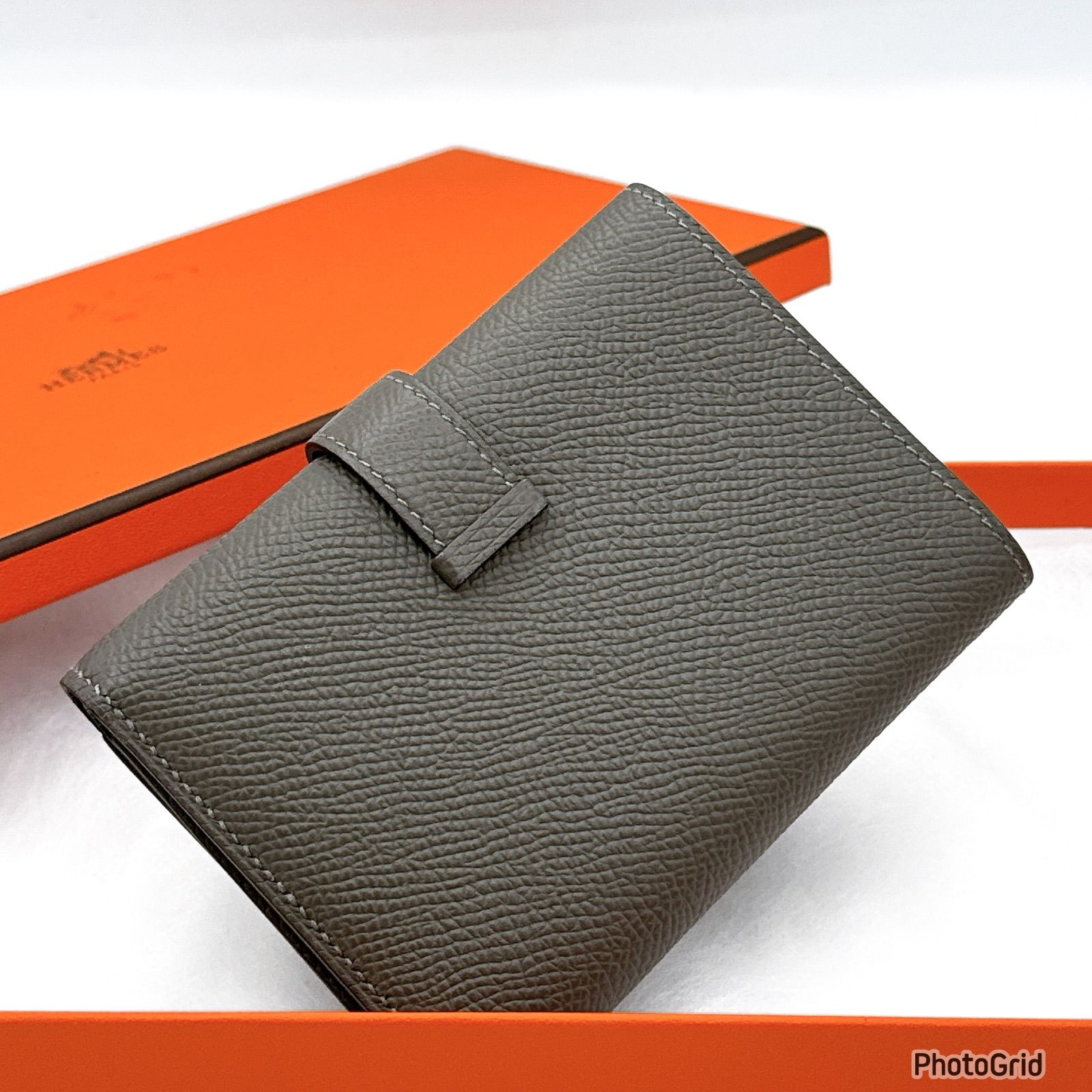 エルメス ベアン コンビネ 三つ折り 財布 エタン ヴォーエプソン シルバー金具 U刻印