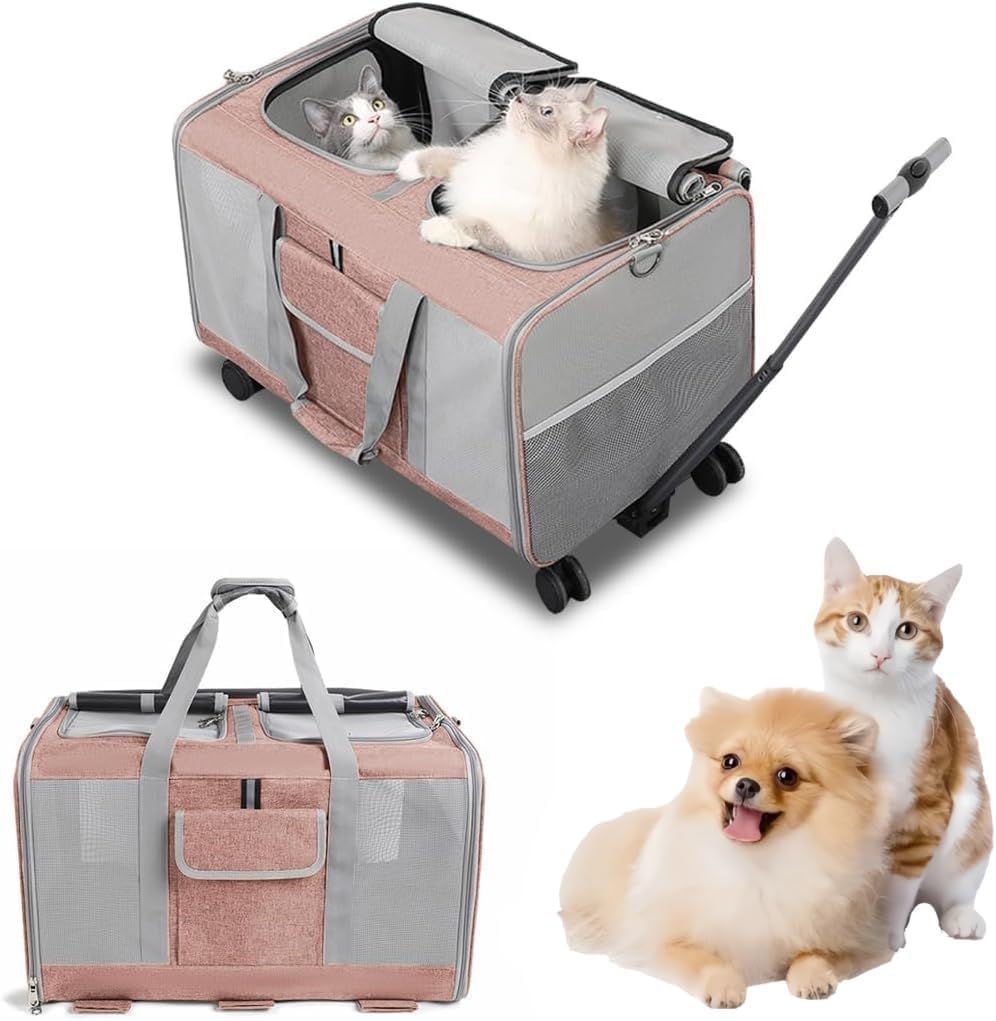Color ピンク Reelyo 犬 リュック 猫 キャリー ペットカート ペットキャリーケース ペットキャリーカート クレート 小型犬 中型犬 3WAY キャスター付き 2匹用 2室 キャリーバッグ ソフト 折りたたみ ショルダー 散歩 通院 ピンク
