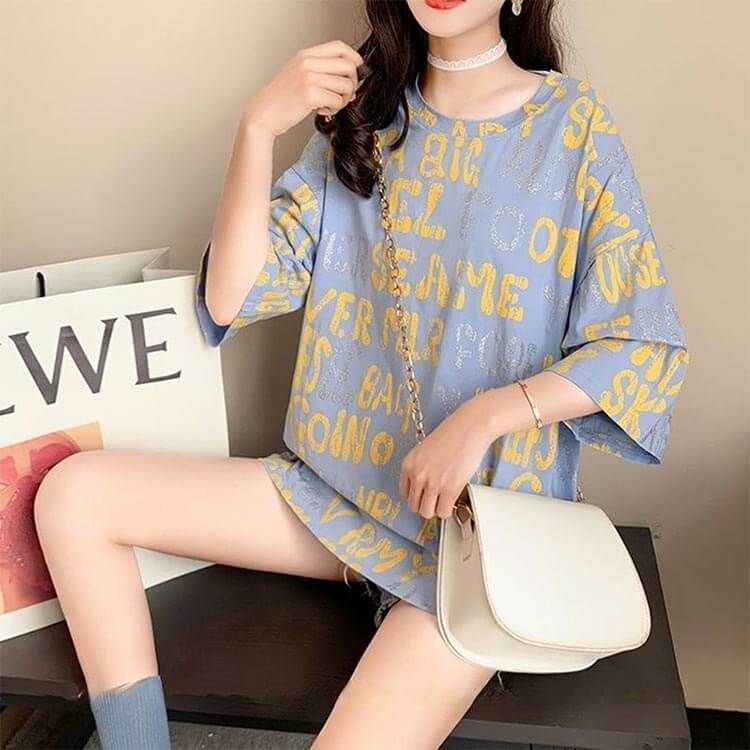 ドロップショルダー 半袖 ワンピースTシャツ レディース ルームウェア ロンT ゆる トップス Tシャツ クルーネック レディース 体型カバー ダンス衣装 膝上 リラックス 英字プリント シンプル nagin606679