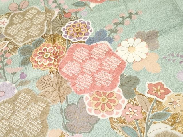 平和屋着物■極上　訪問着　駒刺繍　絞り　道長草花文　金彩　白緑色地　逸品　CYAA3219s5 平和屋着物□極上 訪問着 駒刺繍 絞り 道長草花文 金彩 白緑色地 逸品