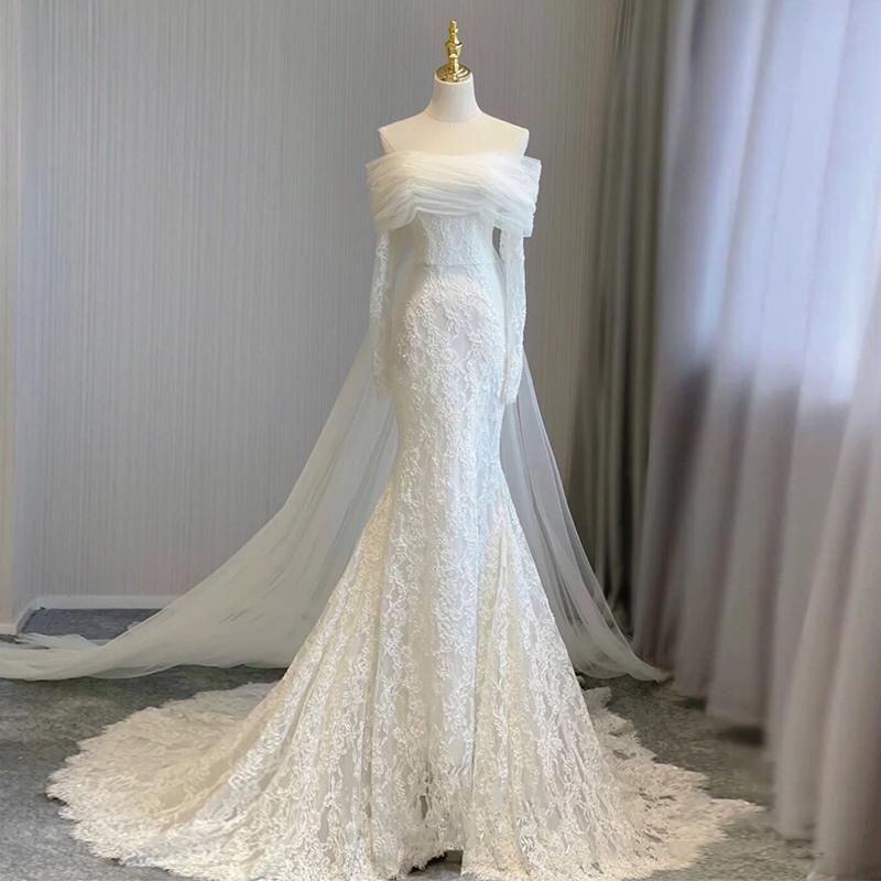 ウェディングドレス ウエディングドレス ロングドレス 二次会 結婚式 前撮り ブライダル 花嫁 マーメイドドレス オフショルダー 長袖 総レ