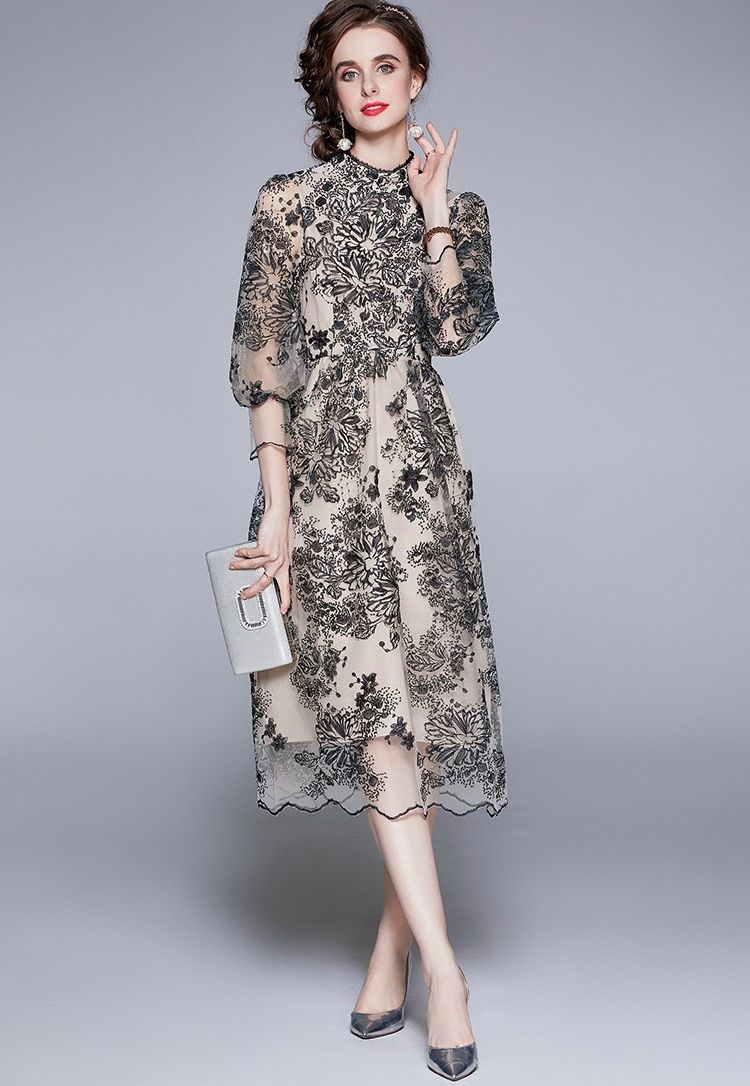 花柄 結婚式 ロングワンピース 春夏 パーティドレス お呼ばれ 長袖 S,M